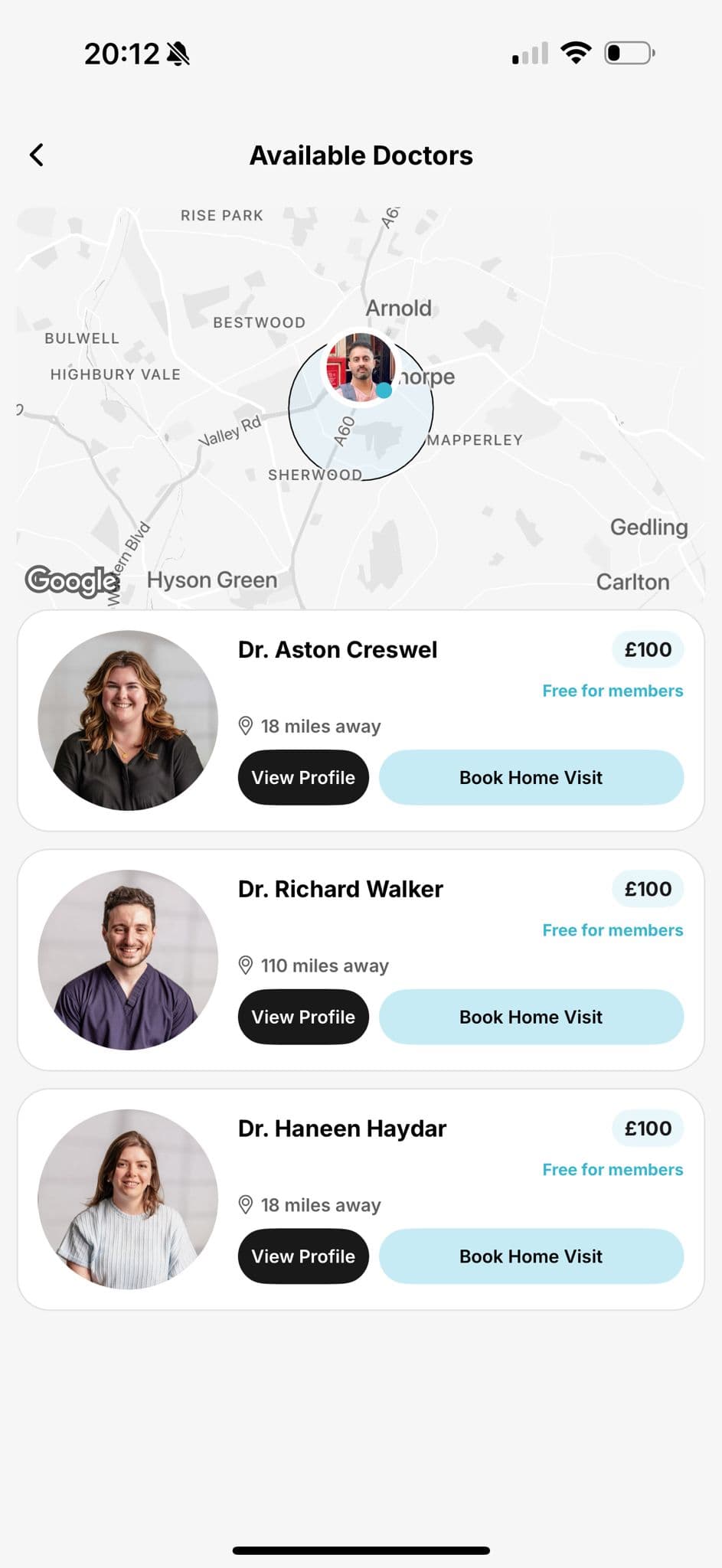 DocSelect app showing available local GPs with pricing
